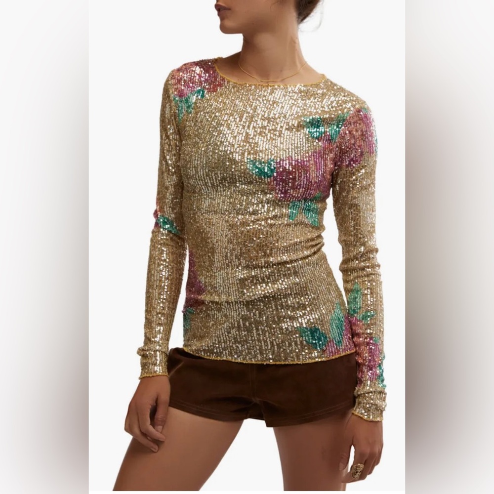 Free People/ FP Intimately Gold Sequin Floral Women's Top Size Large